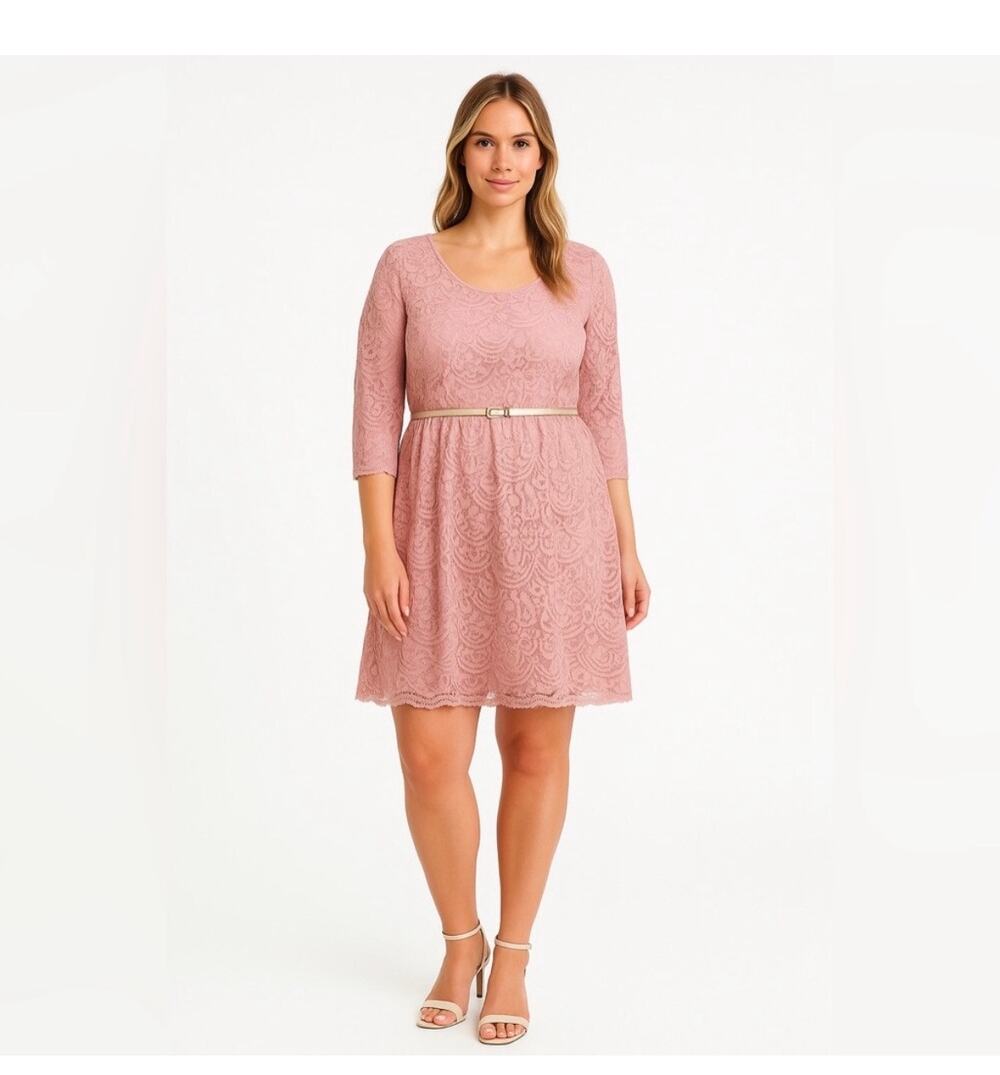 NY Collection Pink Lace Fit & Flare Dress with Belt 3/4 Sleeve Scoop Neck Size L